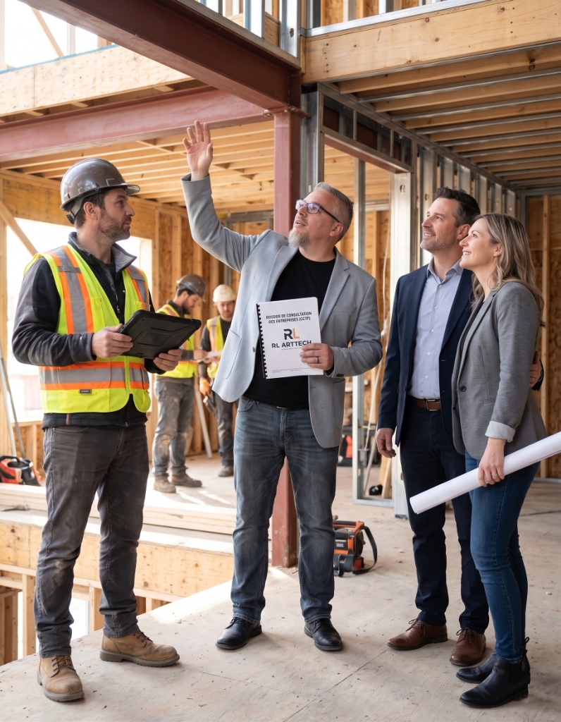 Architecte en consultation avec un couple de clients autour de plans et documents — honoraires et mission architecte
