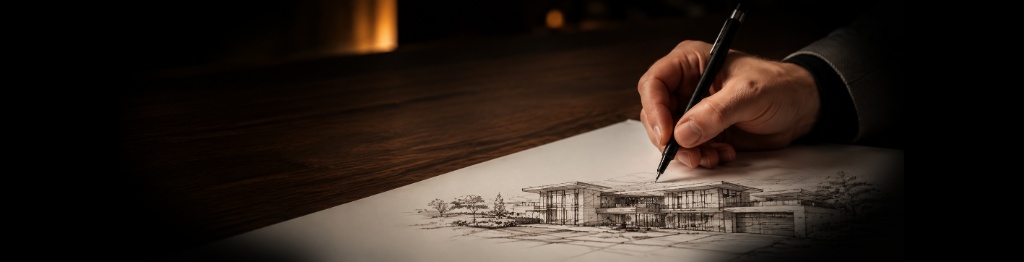 Main d'architecte dessinant un croquis de maison — RL ARTTECH Val-de-Marne