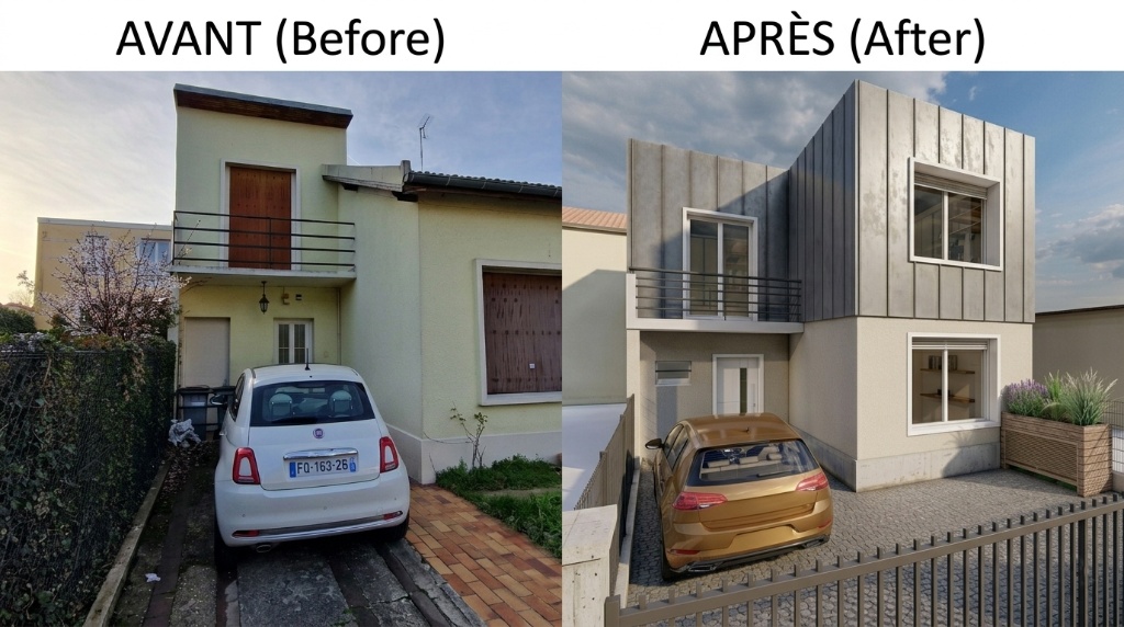 Saint-Cloud — Avant/après façade extérieure, surélévation et extension bois